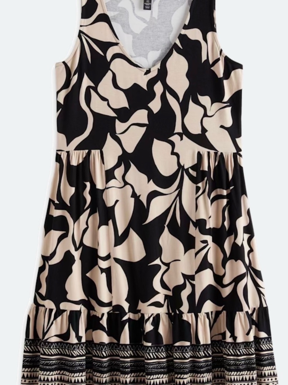Tribal Black and Cream Abstract Print Sleeveless Tiered Dress